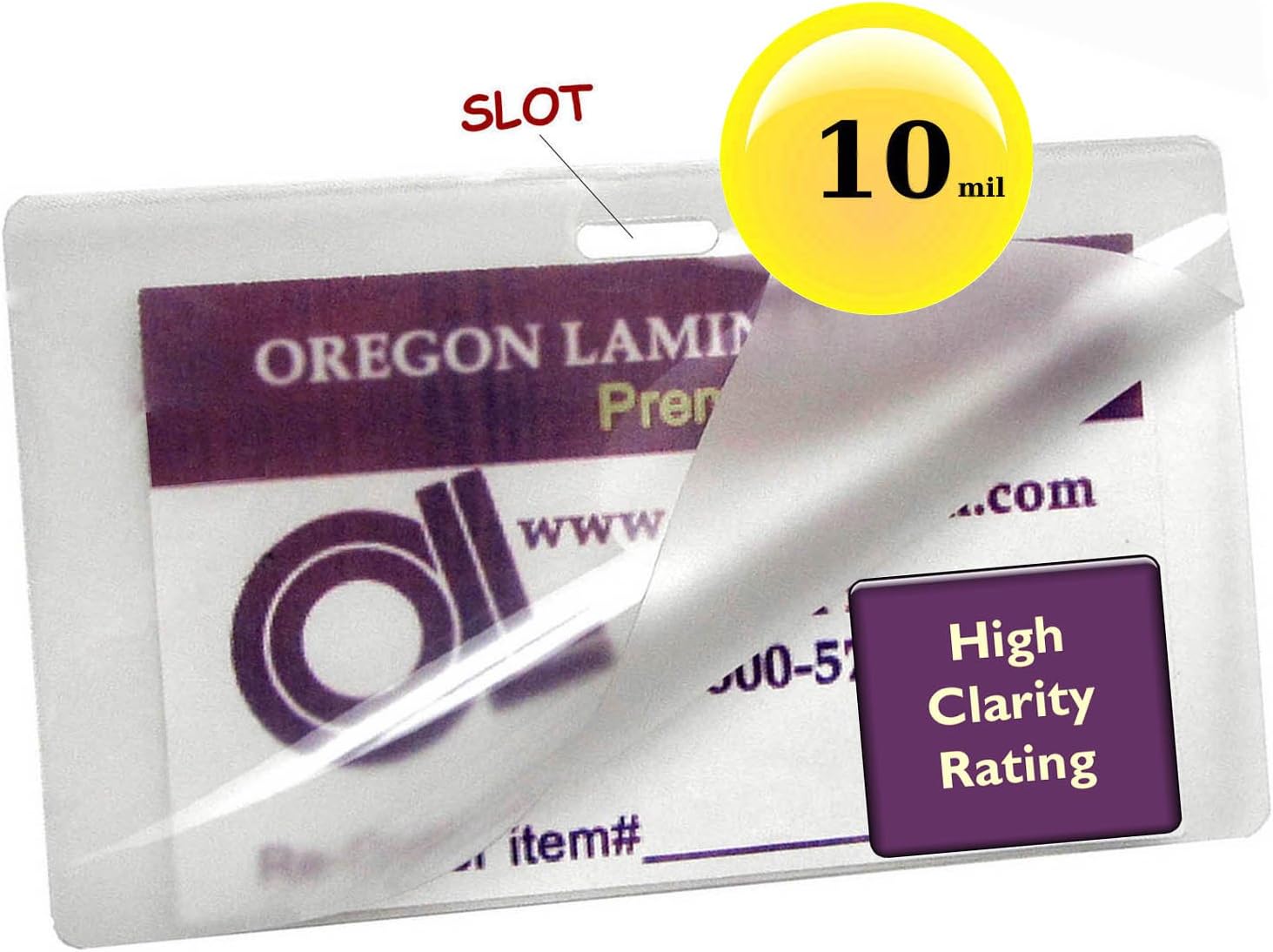Oregon Lamination Heat Activated Laminating Pouches 2-5/8” x 3-7/8” x 10 mil 2 Sides (67mm x 98mm x 250 mic x 2 Sides) Military Card Size with Slot Hole one Long Side [pk of 500] Clear Gloss Finish
