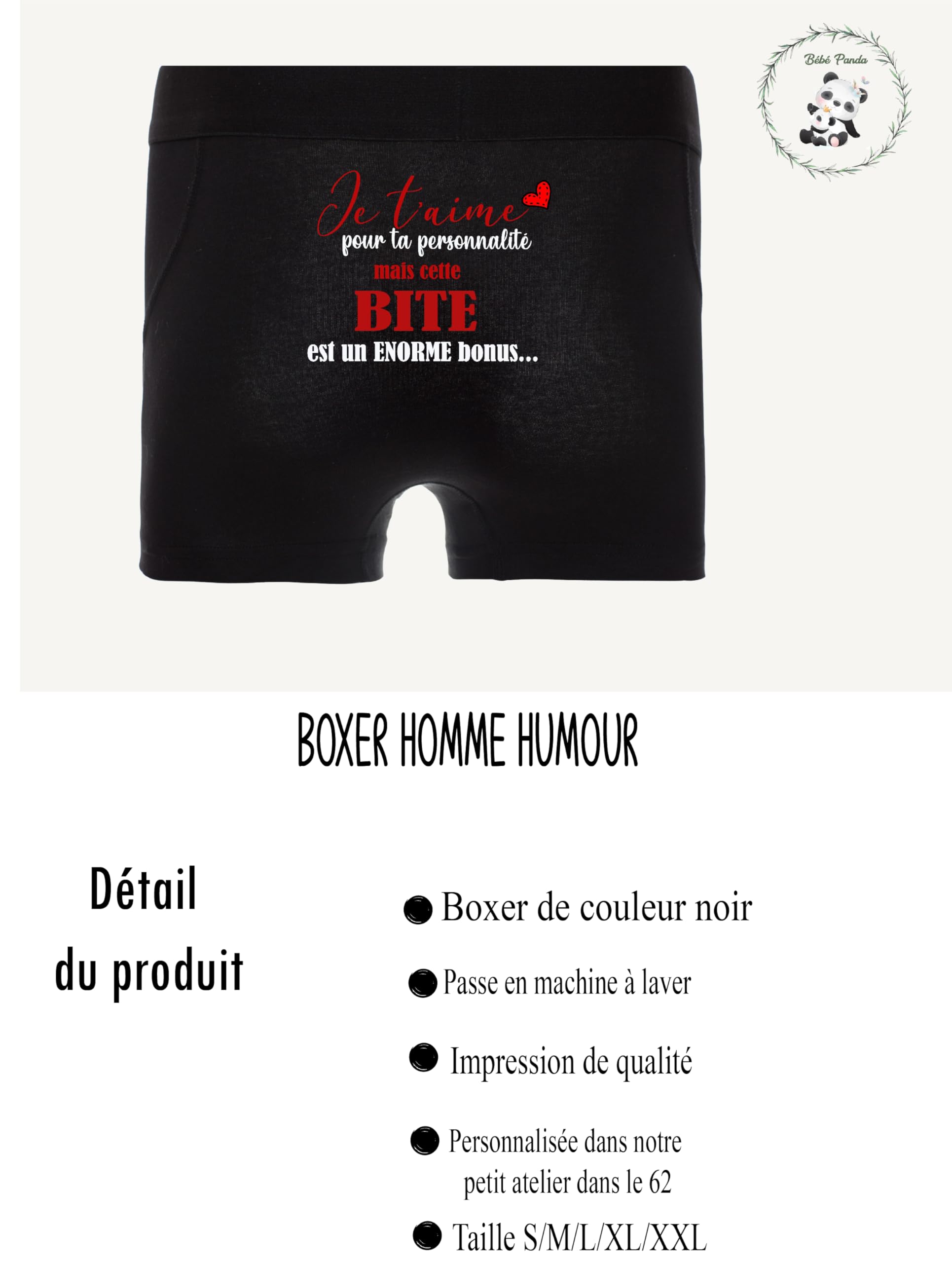 Boxer Homme Noir Humoristique "Je t'aime" Idée Cadeau Saint-Valentin Anniversaire Sous-vêtement Confortable Tailles S-XXL
