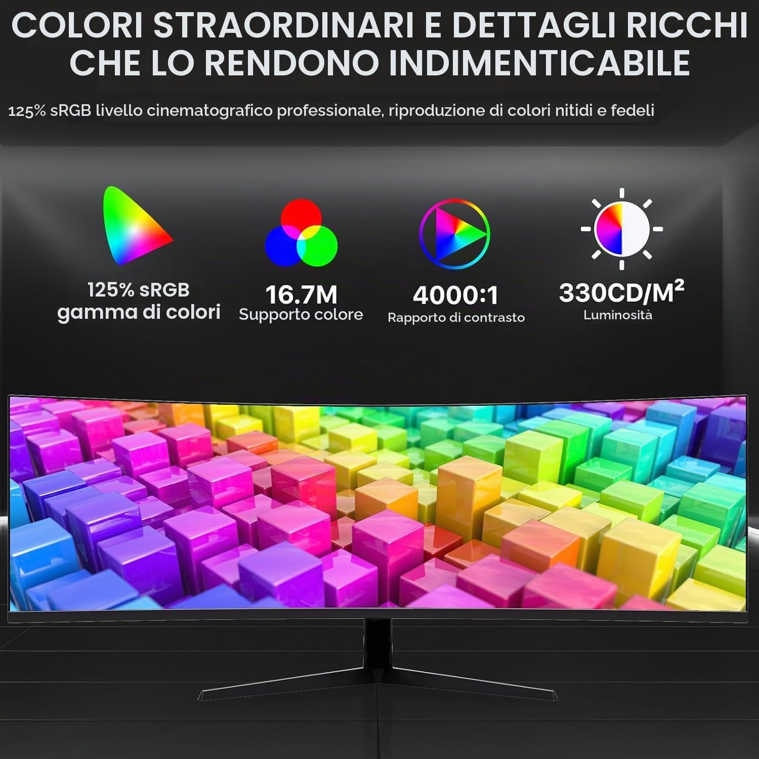 Monitor Gaming Curvo Ultrawide da 49" (1500R), DQHD 5120×1440, 165Hz/1ms, FreeSync, sRGB 120%, altezza regolabile, HDMI 2.1/DP 1.4, compatibile con VESA
