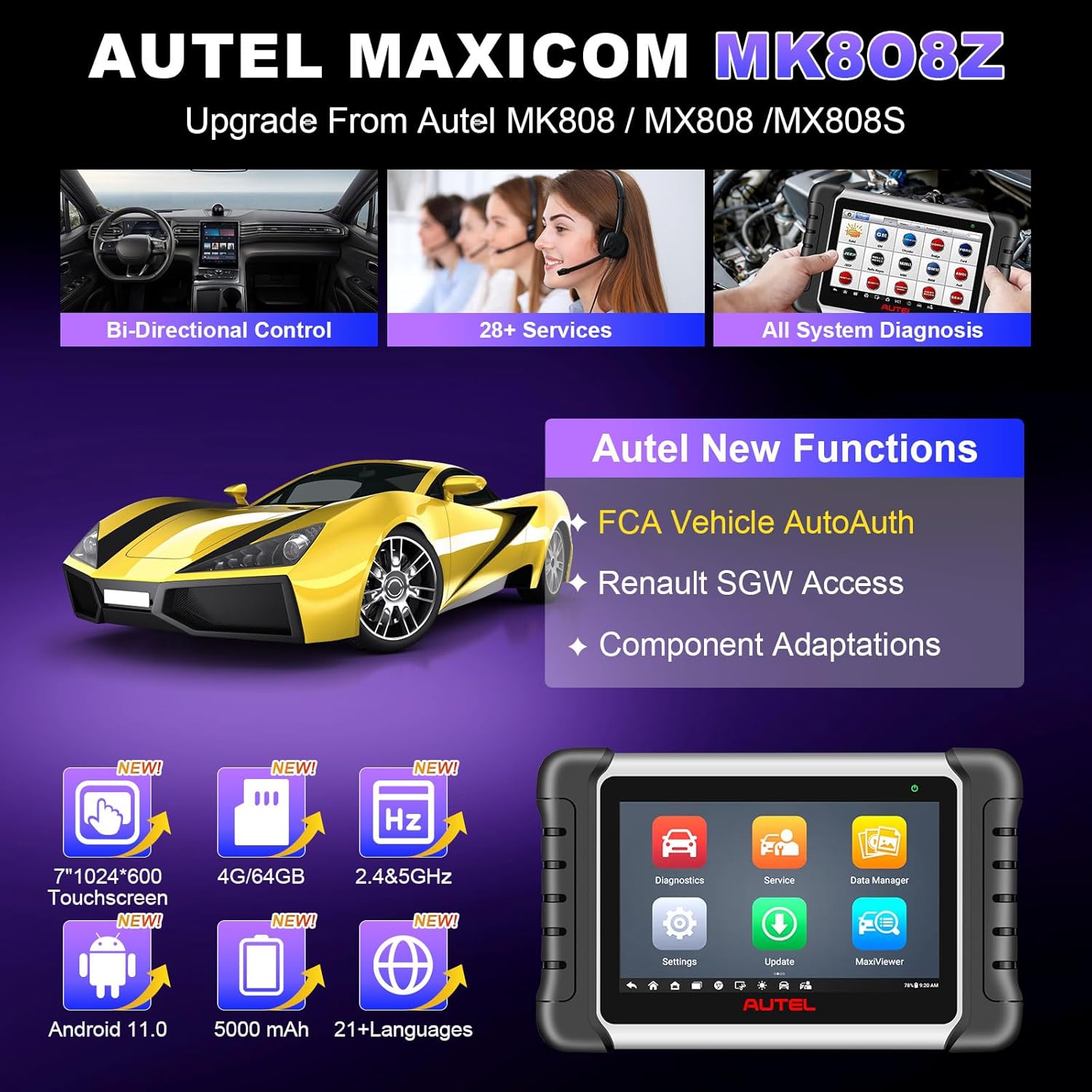 Autel Obd2 Scanner Diagnostic Tool MaxiCOM MK808Z: 2026 Bidirectional Scan Tool, 28+ Service, Active Tests Scanner for Car, All System OBD2 Diagnostics Car Scanner, Injector C0ding, FCA Autoauth