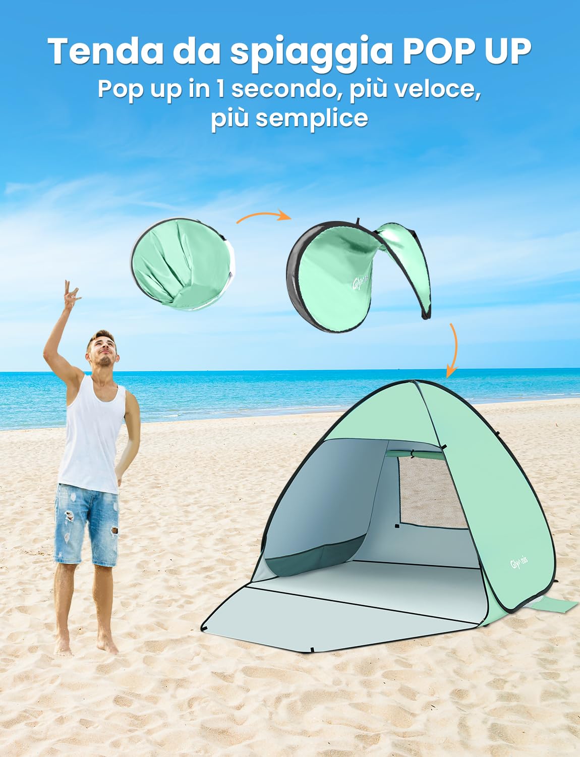 Glymnis Tenda da Spiaggia Completamente Chiuso Tenda Spiaggia Pop-up con Cerniera per 2-4 Persone, Protezione Solare UPF 50+, Include Borsa Portatile