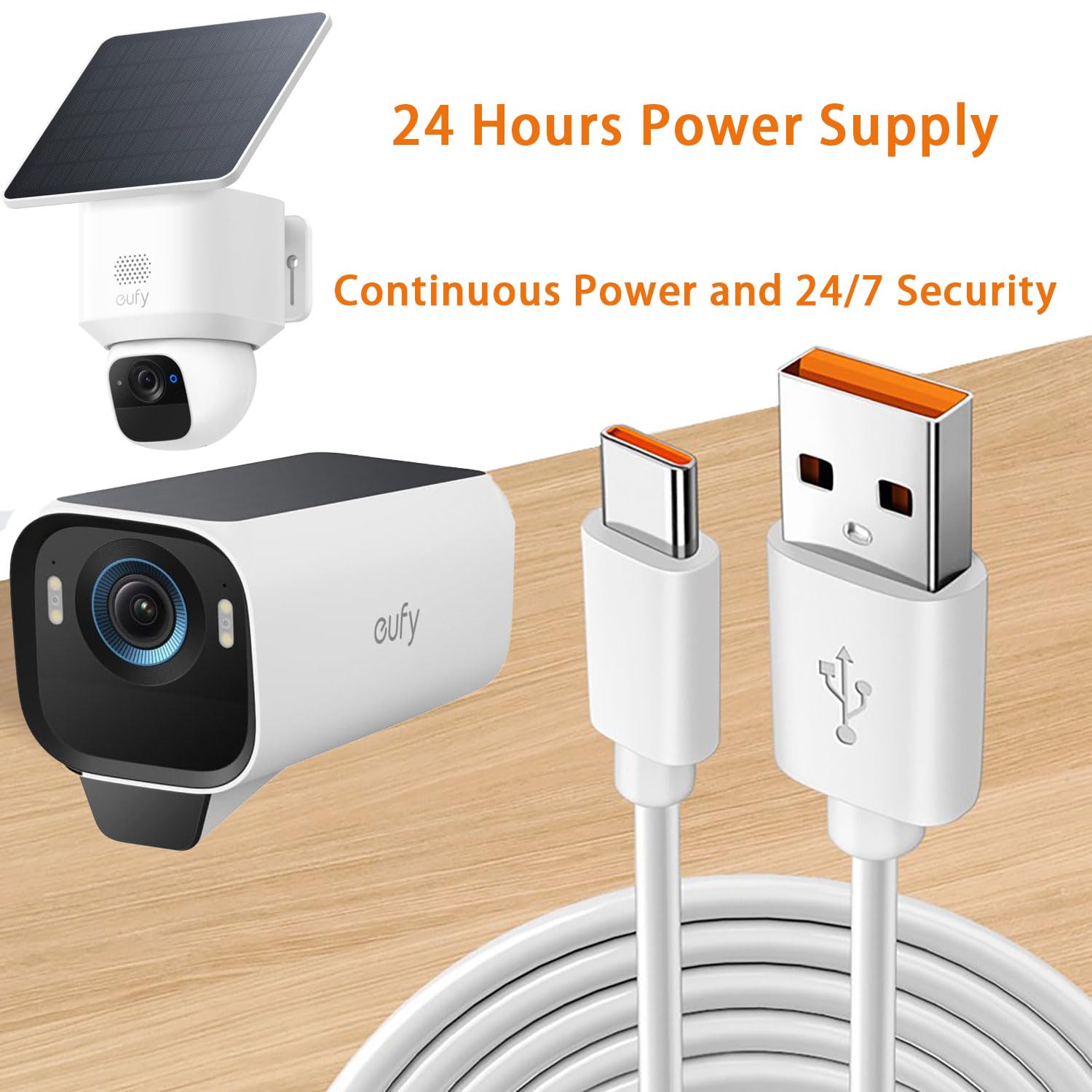 32.8ft Power Extension Cable for eufy SoloCam S340/SoloCam 220/S350/eufyCam 3/S330/eufyCam S300 (eufyCam 3C),Type C Charging Cable,24Hours Continuous Power Supply for eufy Security Cameras