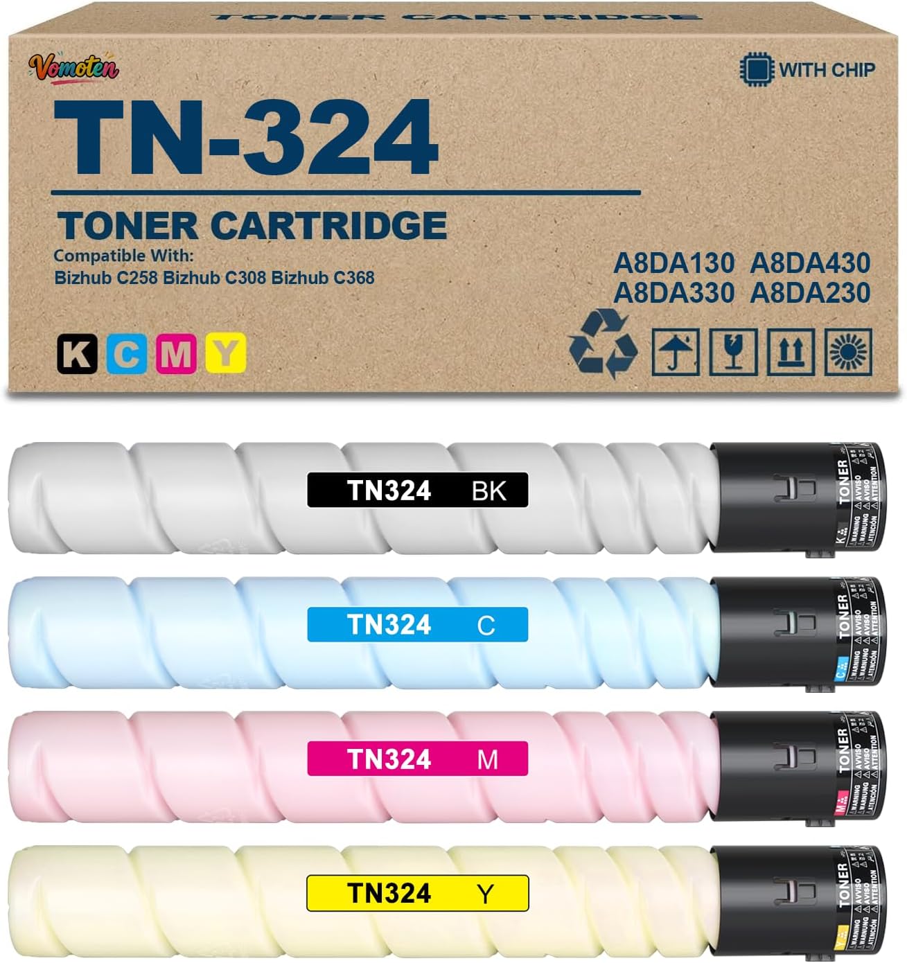 TN324 TN-324 Toner Cartridge 4-Pack TN324K TN324C TN324M TN324Y Replacement for Bizhub C258 C308 C368 Printer Black Cyan Magenta Yellow