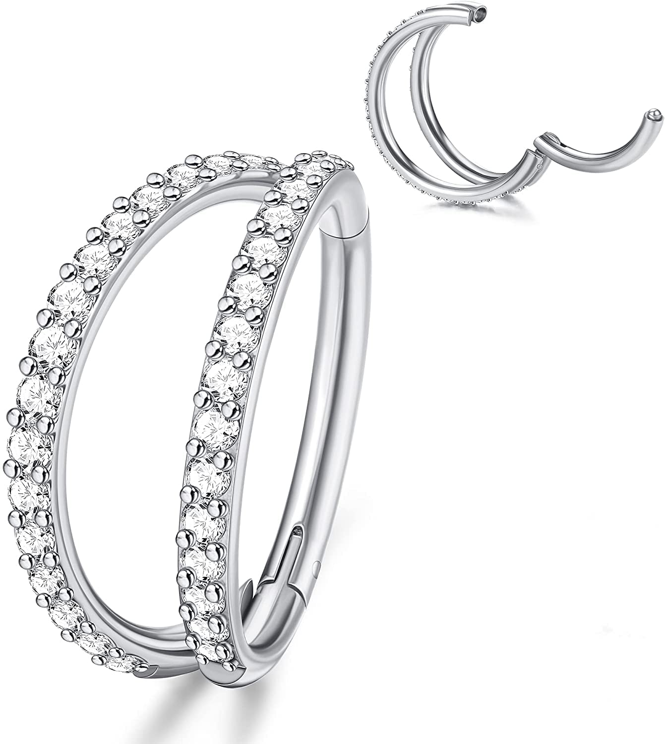 MILACOLATO G23 Titanio 16G/18G Septum Clicker Nariz Anillos Doble Pila Abierta Conch Daith Pendientes Helix Tragus Cartílago Pendientes Piercing Joyería con Clear CZ para Mujer Hombres 8MM/10MM/12MM