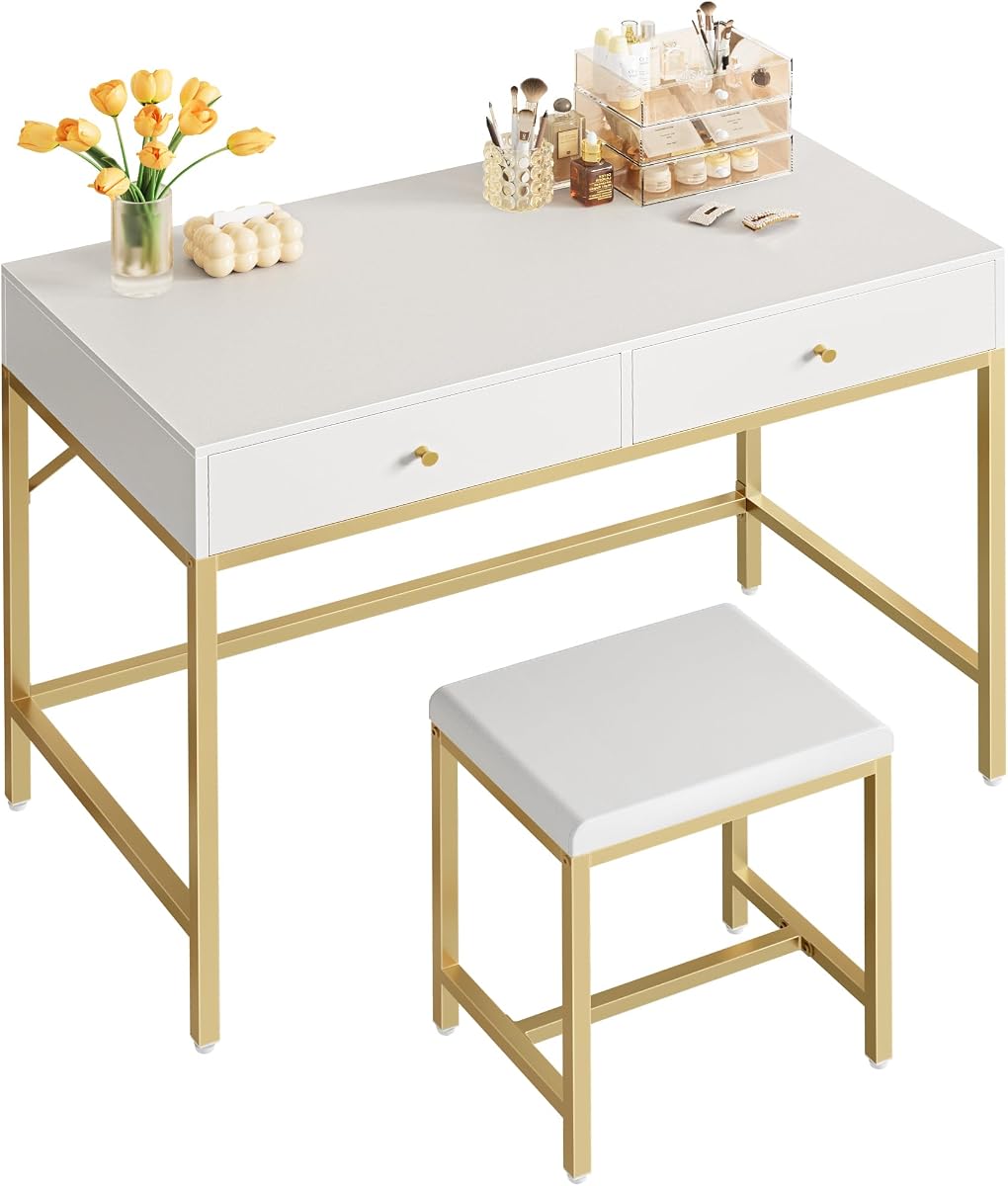 SUPERJARE 35.4" White and Gold Desk with 2 Drawers, Modern Makeup Vanity | Vanity with Padded Stool, Small Computer Desk Home Office Desk for Writing Study Bedroom