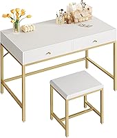 SUPERJARE 35.4" White & Gold Vanity Desk with Padded Stool & 2 Drawers - Modern Makeup, Office, Study Desk for Small Bedroom