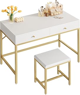 SUPERJARE 35.4" White & Gold Vanity Desk with Padded Stool & 2 Drawers - Modern Makeup, Office, Study Desk for Small Bedroom