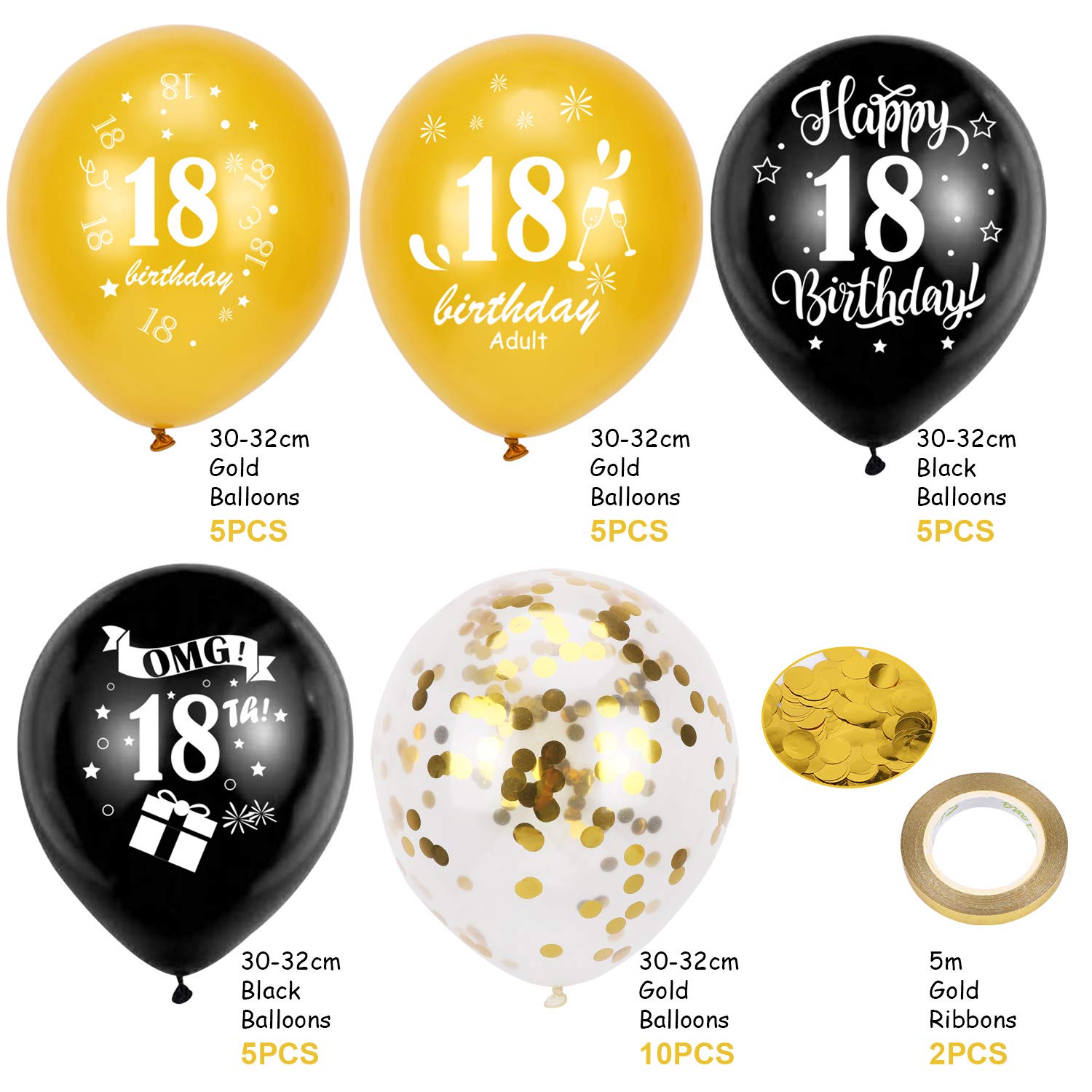 HOWAF 30. Geburtstag Luftballons Set – 30 Stück, Schwarz-gold, 12 Zoll, Mit Konfetti & Bändern