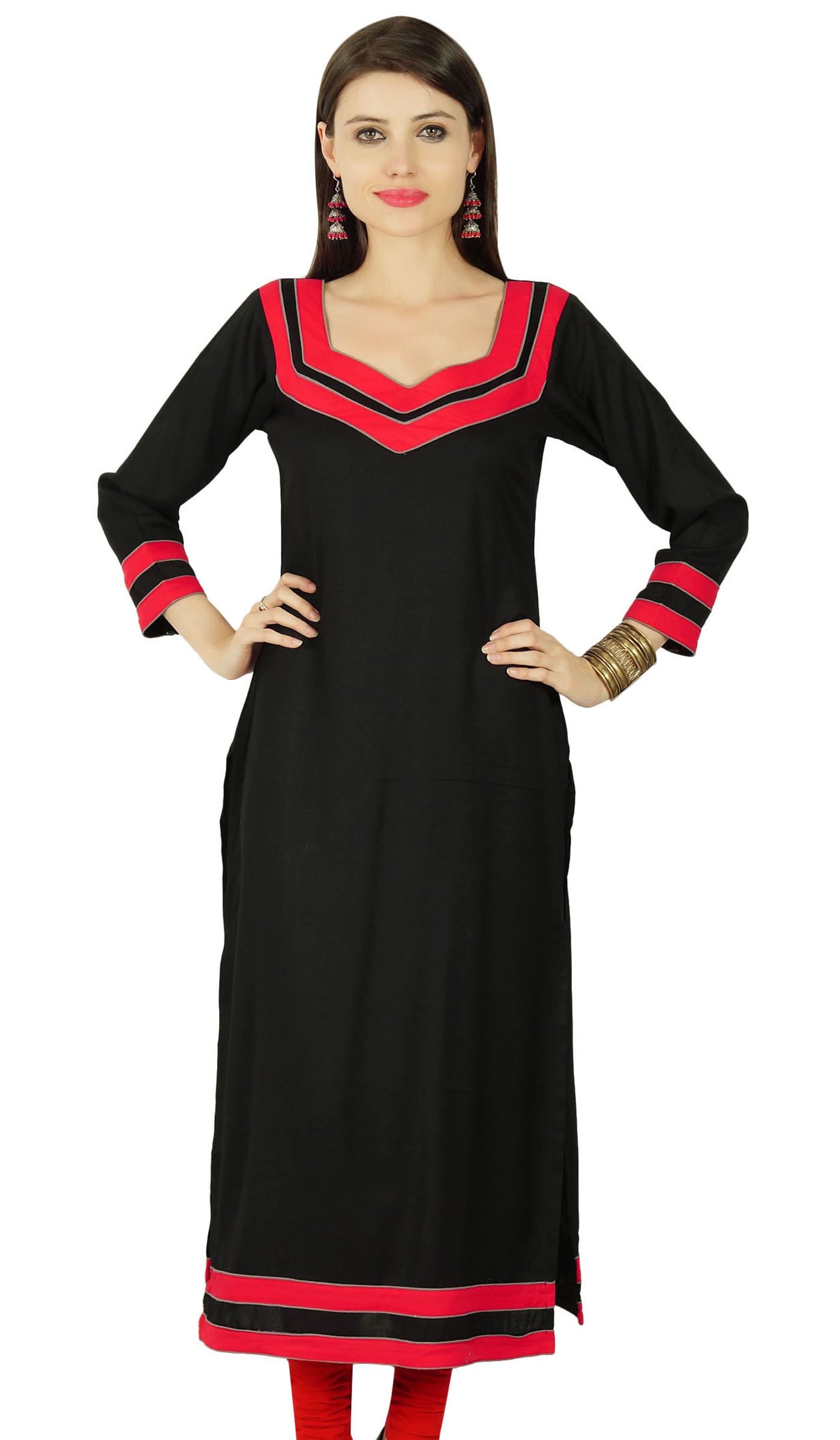 Phagun Solid Kurta Women Ethnic Rayon Kurti Bollywood Top Tunic Dress Red and Black