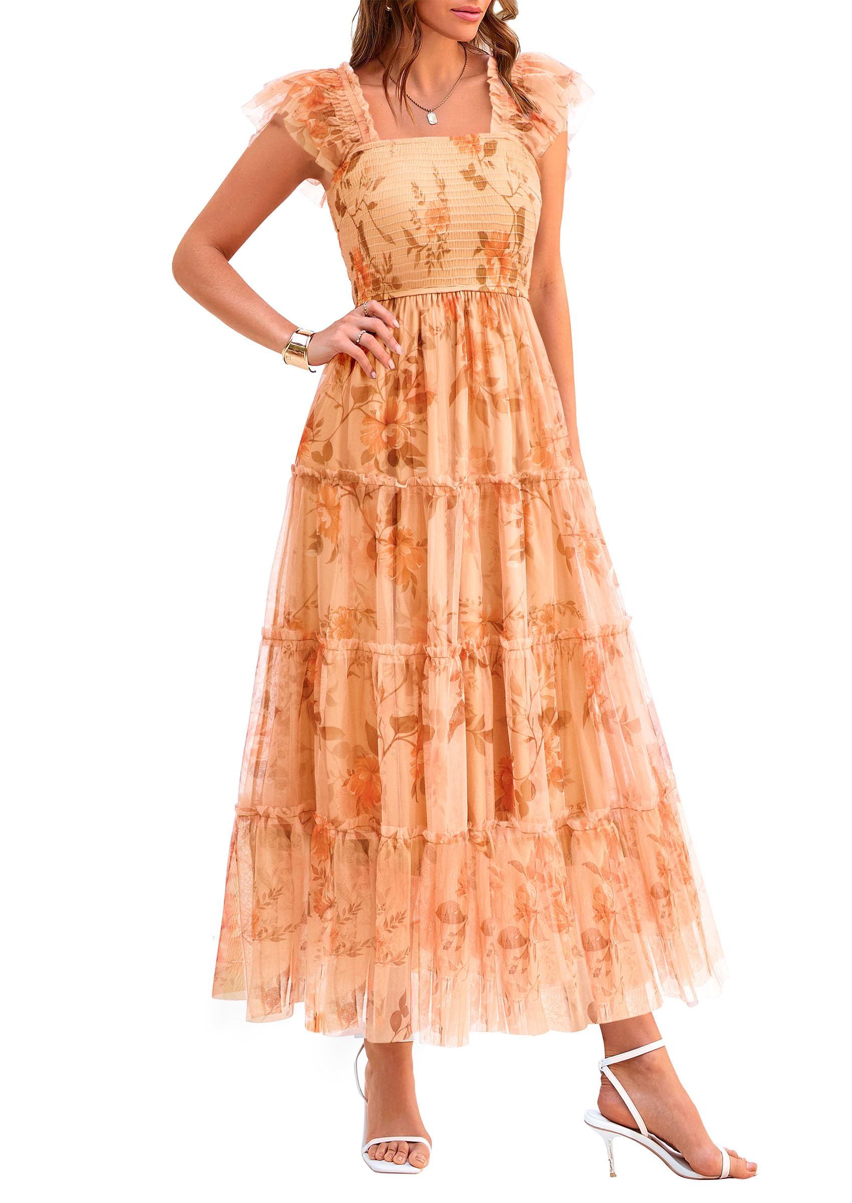 PRETTYGARDEN Women's Summer Smocked Midi Tulle Dress | Sleeveless Square Neck A Line, Flowy Tiered Mesh, Spring Semi Formal Wedding Guest Outfits, Homecoming Prom Party Dresses