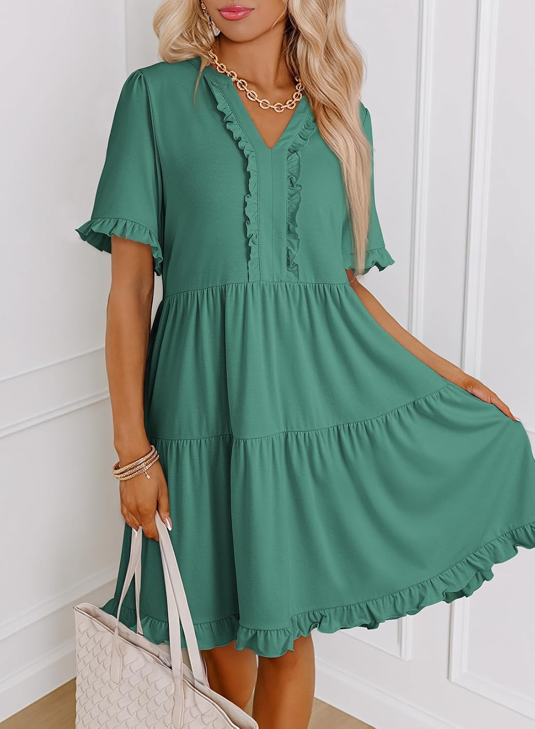  Womens Summer Dresses 2026 V Neck A Line Short Sleeve Casual Ruffle Babydoll Mini Dress thumbnail