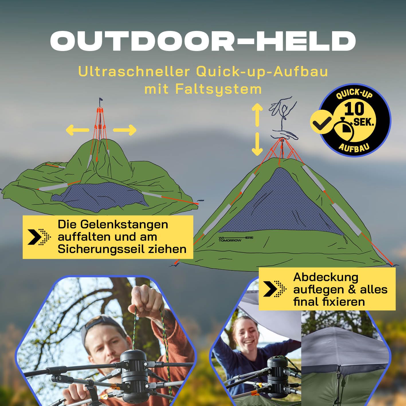 Lumaland Pop Up Zelt | 3-4 Personen Familienzelt | Wurfzelt 220x220x130 cm | Wasserdicht & Windfest | Ideal als Camping, Festival & Reise Zelt | Ultraleicht & Robust