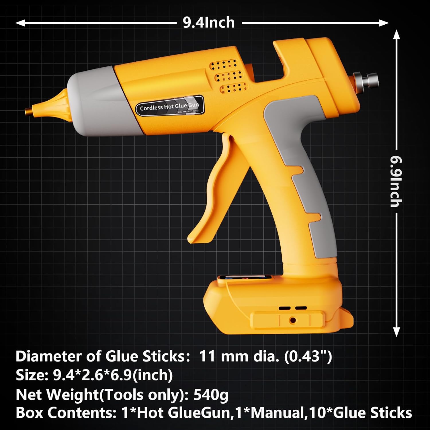 Cordless Hot Glue Gun Full Size for DeWalt 20V Battery, 100W Portable Hot Glue Guns Adjustable Temp & Glue Output for Crafts & DIY, Home Repairs, Holiday Decorations, School Projects