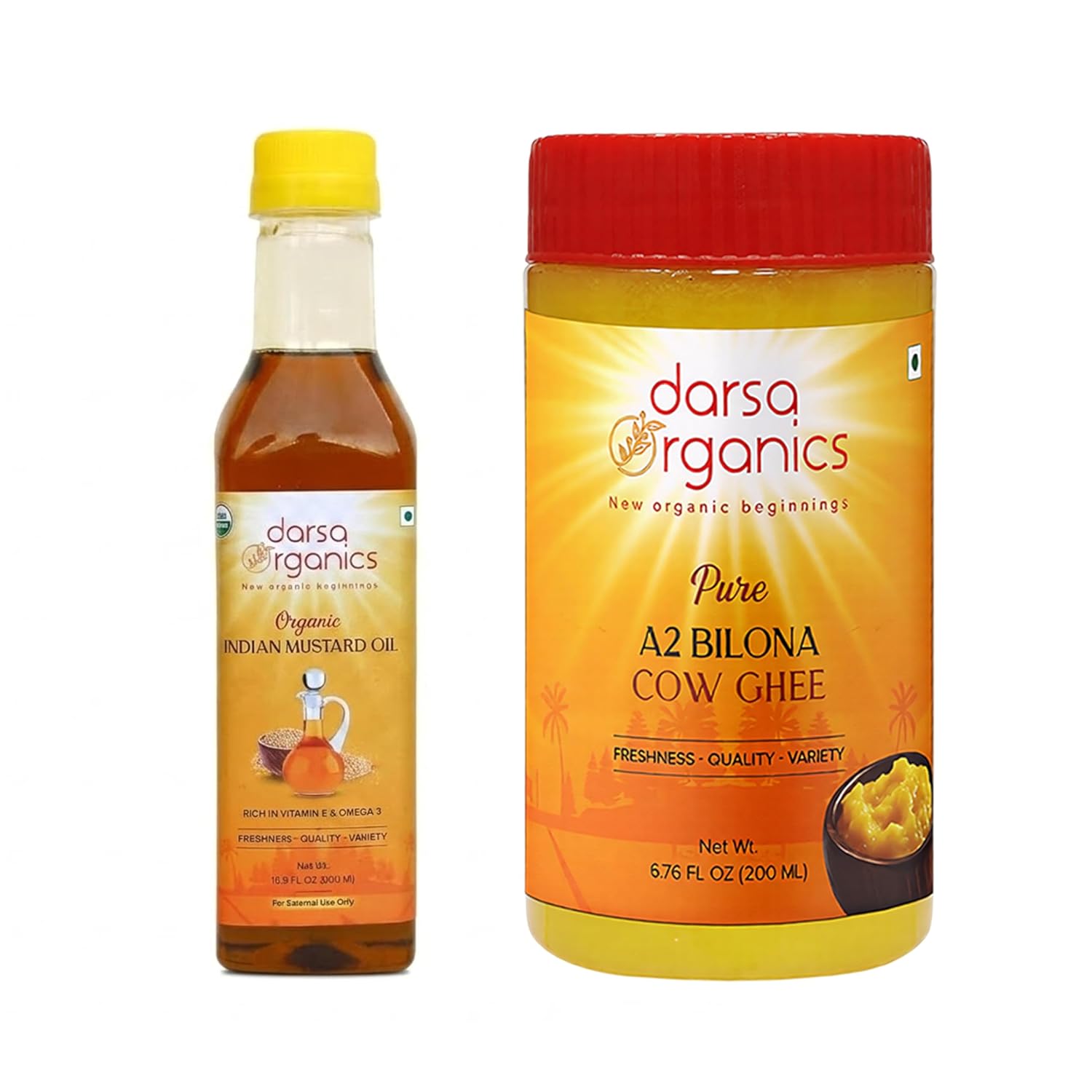 Darsa Organics Cold-Pressed Mustard Oil & A2 Bilona Ghee Bundle-Unrefined Mustard Oil for Skin, Hair & Massage Use with Traditionally Prepared Ghee for Cooking, Baking & Recipe Preparation