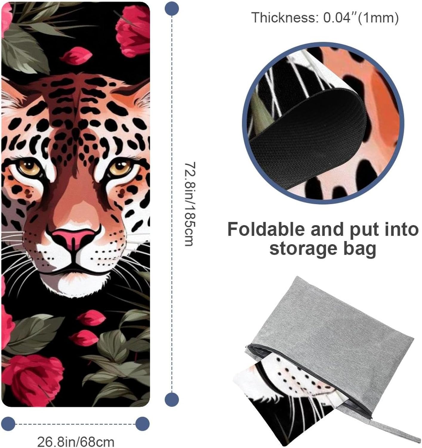 Yoga Towel, Leopard Rose Flower Non Slip Sweat Absorbent Hot Yoga Mat Towel for Hot Yoga, Pilates and Fitness - 72.8" x 26.8"