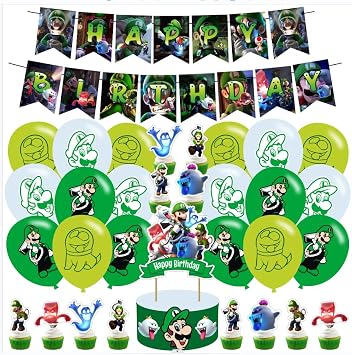 Luigi Mansion Birthday Party Decorations, Halloween Horror Theme Party Supplies with Happy Birthday Banner, Cake Toppers, Balloons for Fans Adults Party Favors