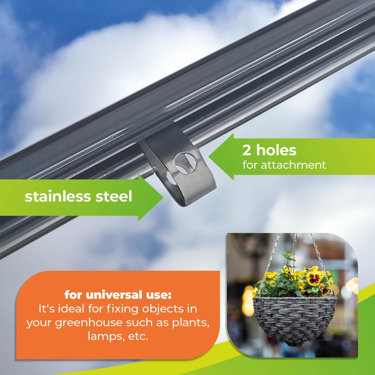 Bio Green Greenhouse Profile Spring Clips | for Hanging Lamps, Plants, etc. | 10 Pcs | Stainless Steel | Robust | Universal Fit for Greenhouse Profiles