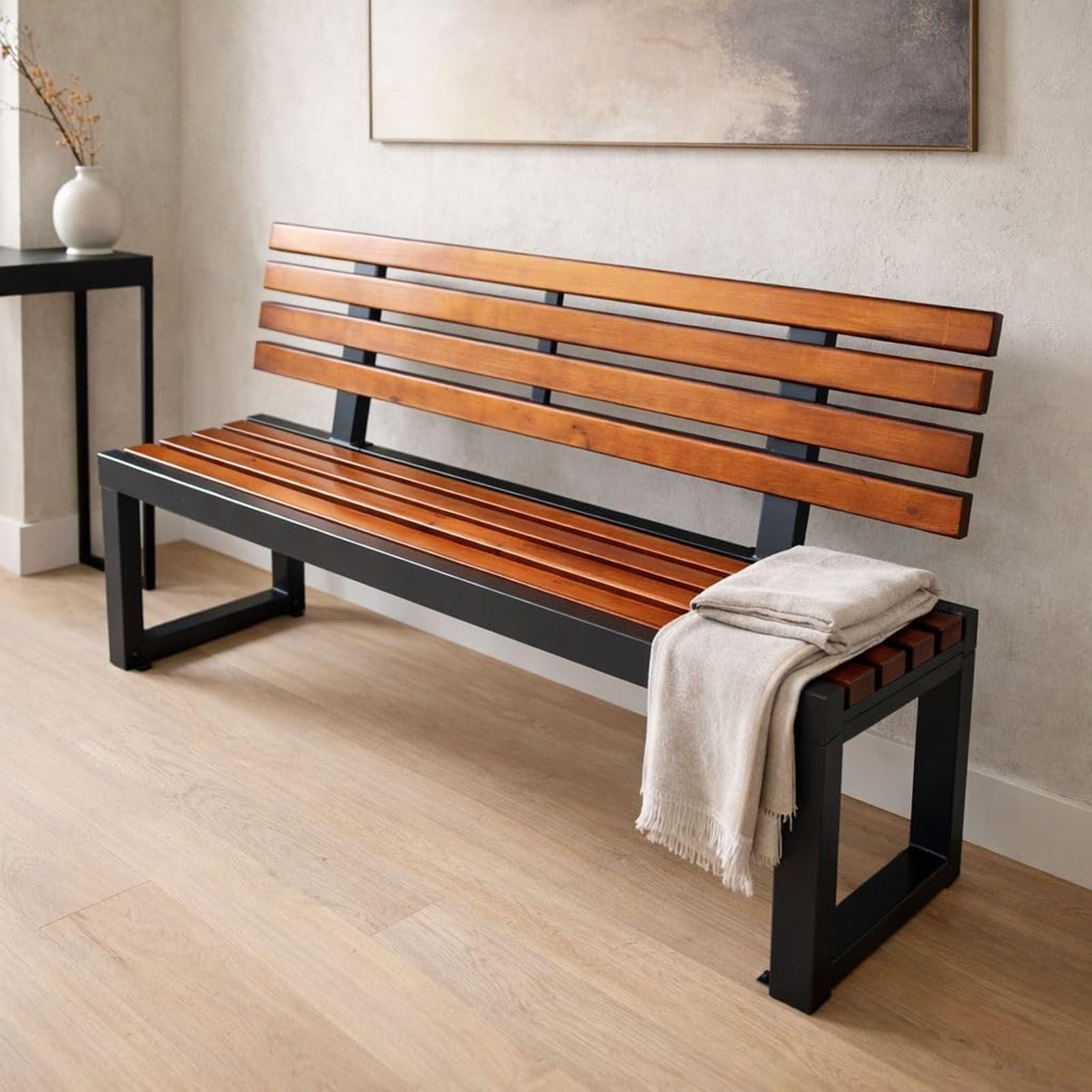 Banco Jardin Exterior con Respaldo, Banco de Madera plástico | Parque Banco el asiento de listones con el marco de metal resistente, for el porche/el patio/la ley(86.6''/220cm)
