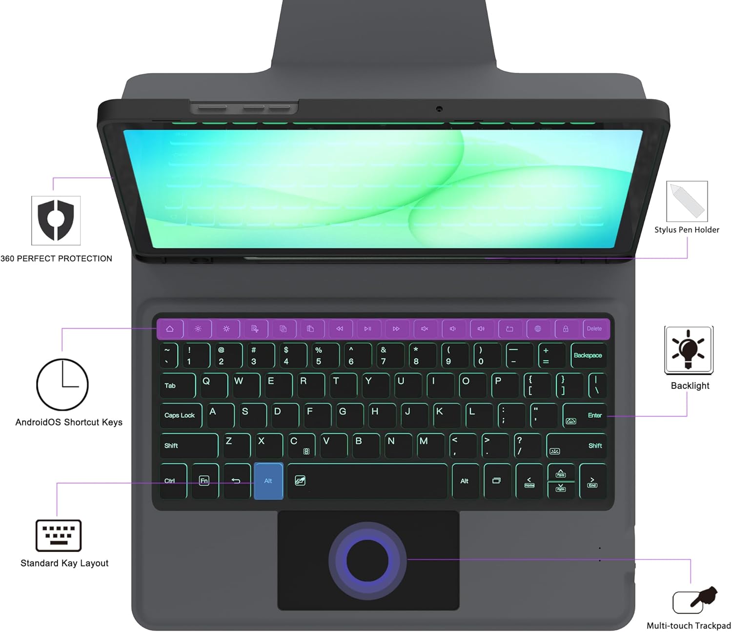 Keyboard Case for Samsung Galaxy Tab A11+ /A9+ 11 inch - Smart Wireless Folio Touch Trackpad Tablet Cover - 7 Color Backlit Keyboard with S Pen Holder for Tab A11 Plus 11" 2025 /A9 Plus 11" 2023 Black