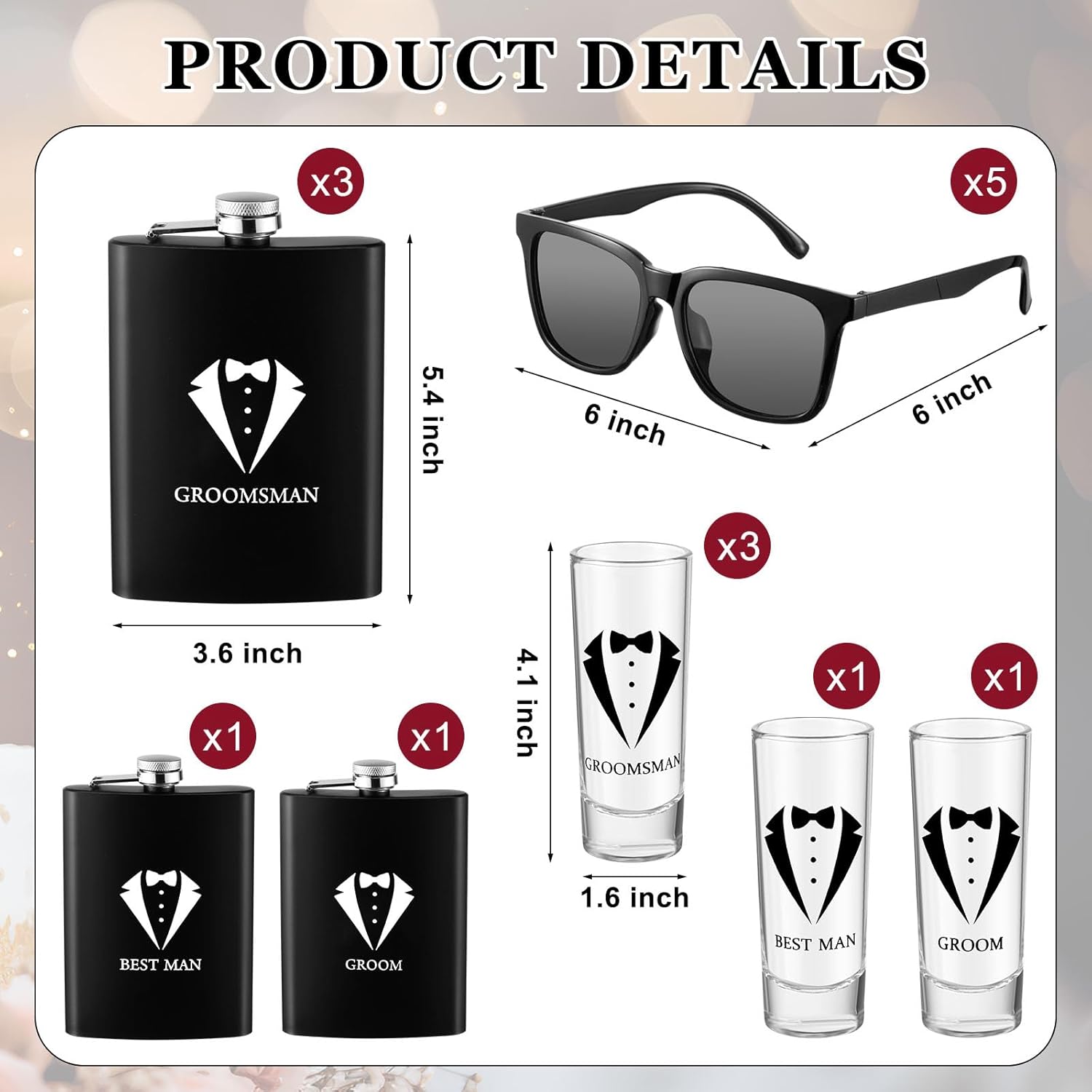 Maxcheck 30 Pcs Groomsmen Gifts Set Groomsmen Proposal Bags with Tuxedo Flask Shot Glasses Poker Card Beer Bottle Opener Sunglasses Groomsmen Bags Socks Groomsmen Proposal Gift for Wedding Party