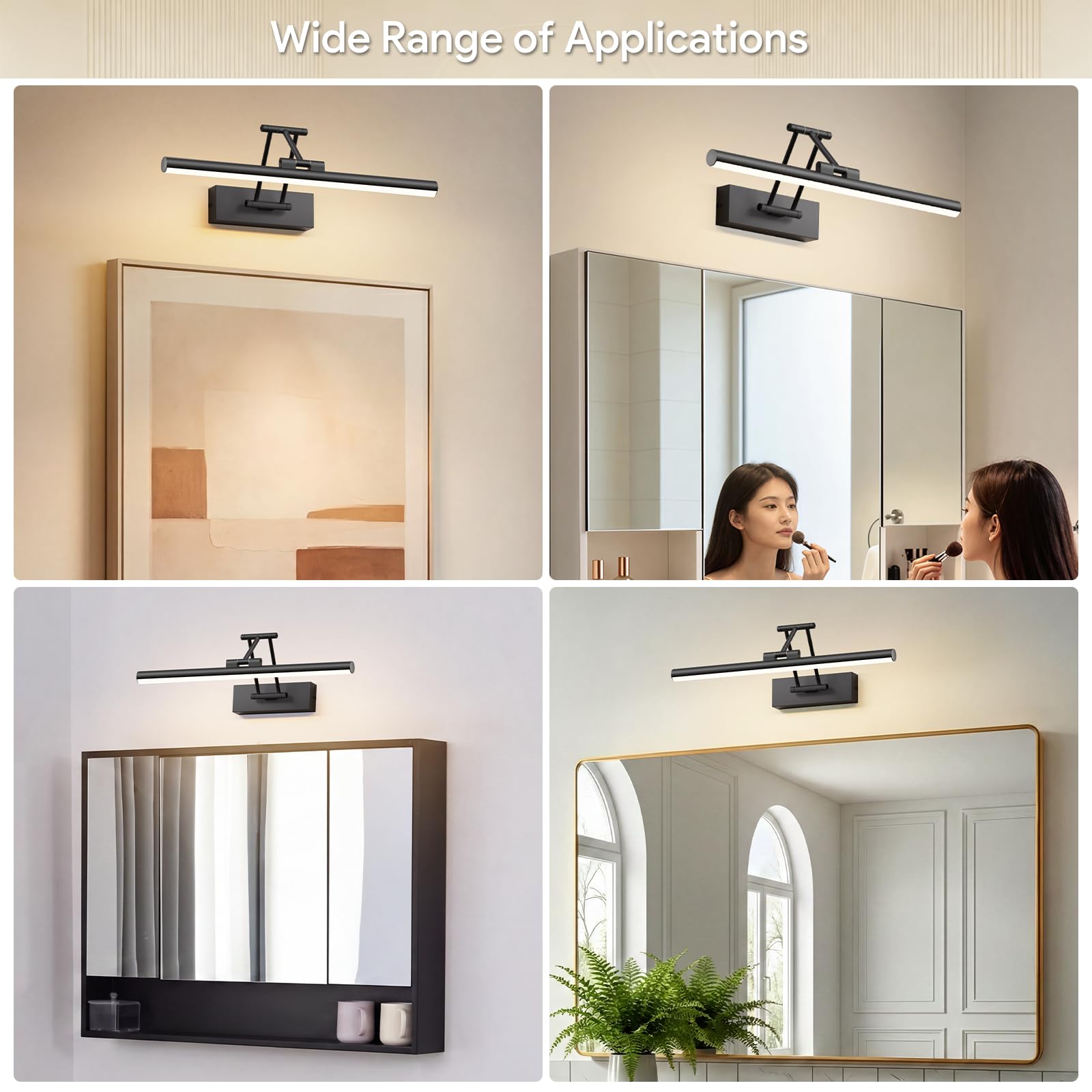 Klighten Led Lampada Da Specchio Bagno 40cm,Lampada Da Parete Rotante Ip44,12W 970 LM Luce Specchio Bagno Led,Applique Moderno In Alluminio,Bianco Caldo 3000K,Nero