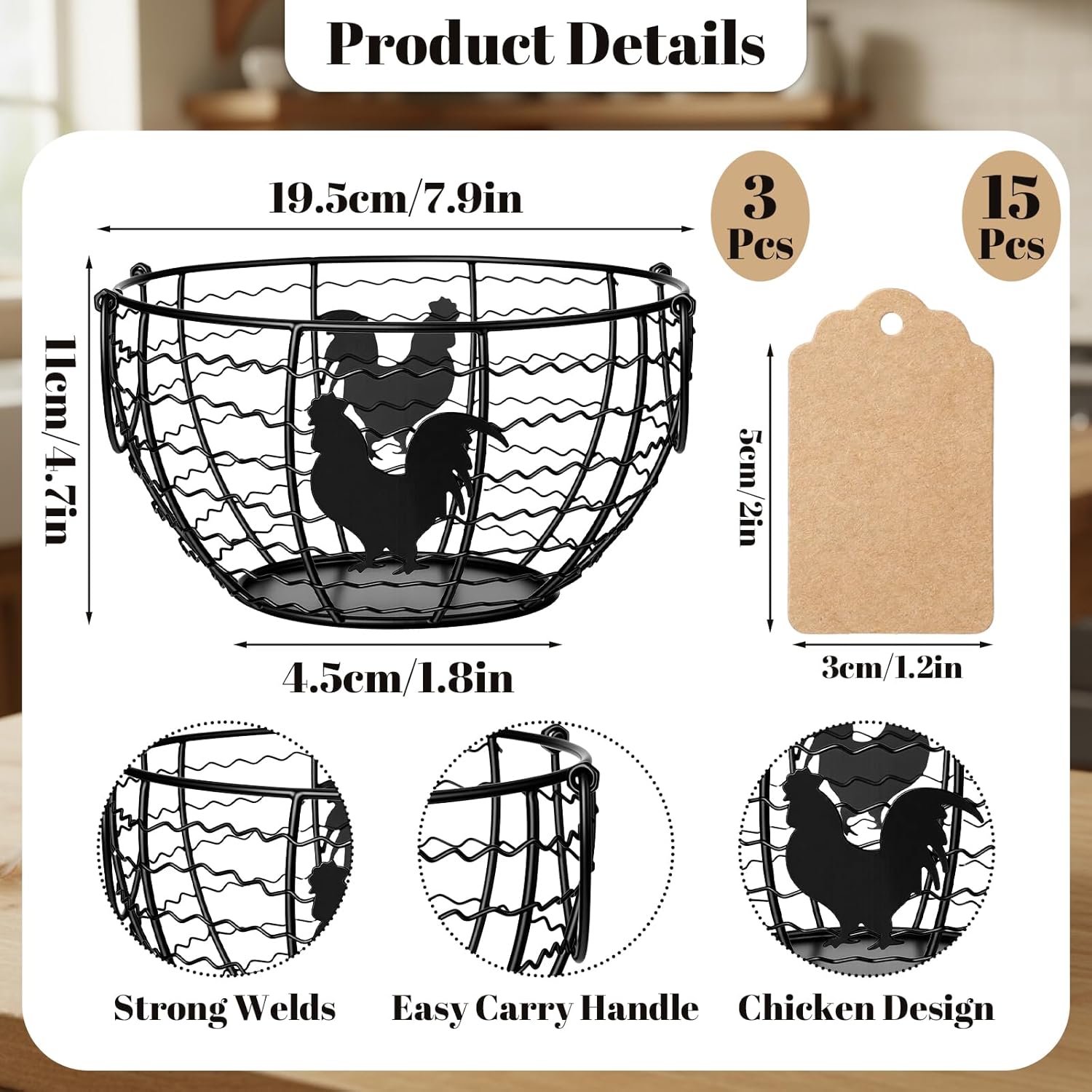 Rtteri 3 Pack Egg Basket for Gathering Fresh Eggs with Metal Handle Wire Egg Collecting Basket with Label Round Holder Countertop Rustic Farmhouse Vintage Rustic Farmhouse Kitchen Decor Fruit Storage
