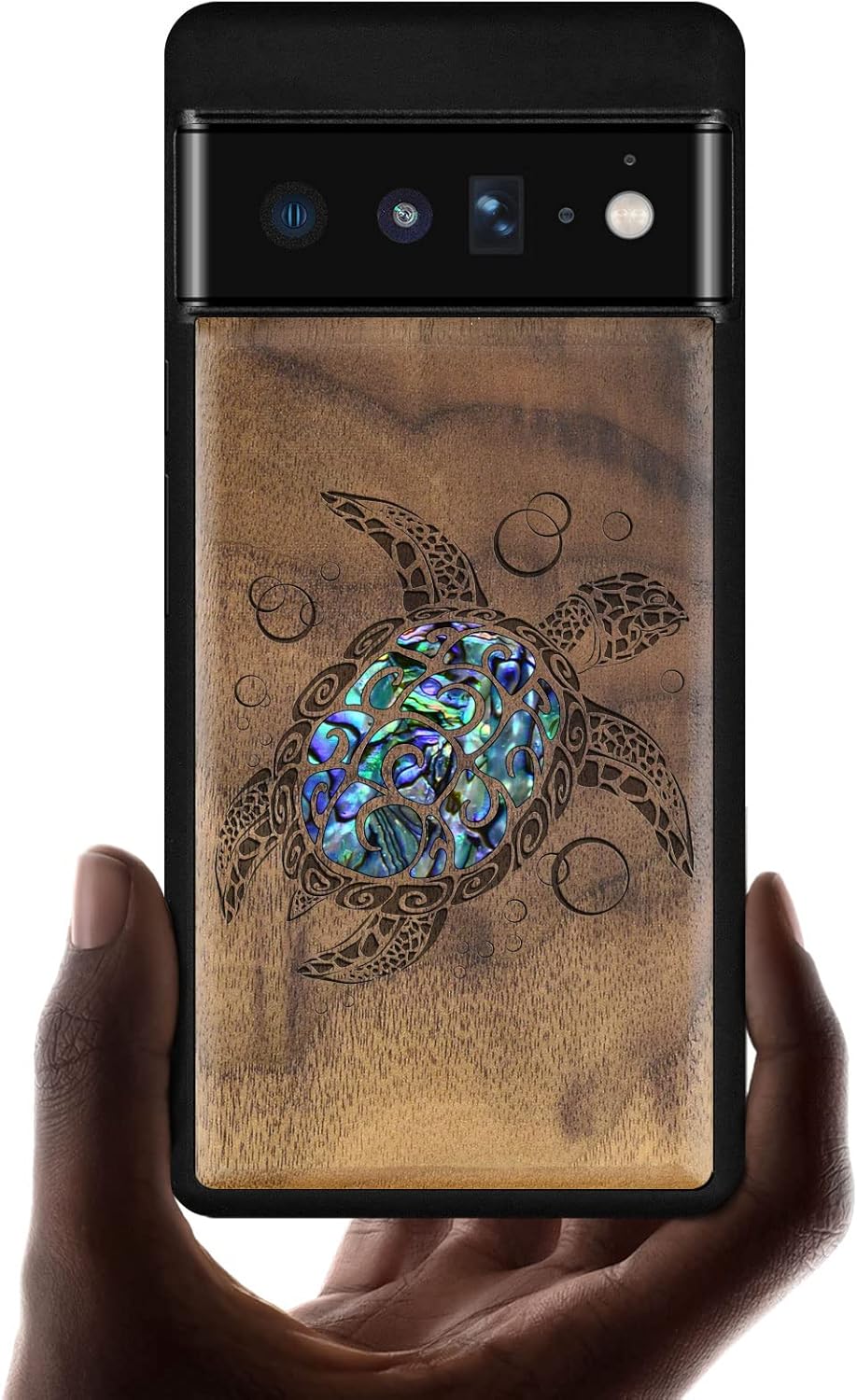 Carveit Designer Wooden Case for Google Pixel 6 Pro Case Cover [Wood Engraving & Shell Inlay] Unique Wood Phone Case Compatible with Wireless Chargers Pixel 6 Pro (Sea Turtle-Rosy)