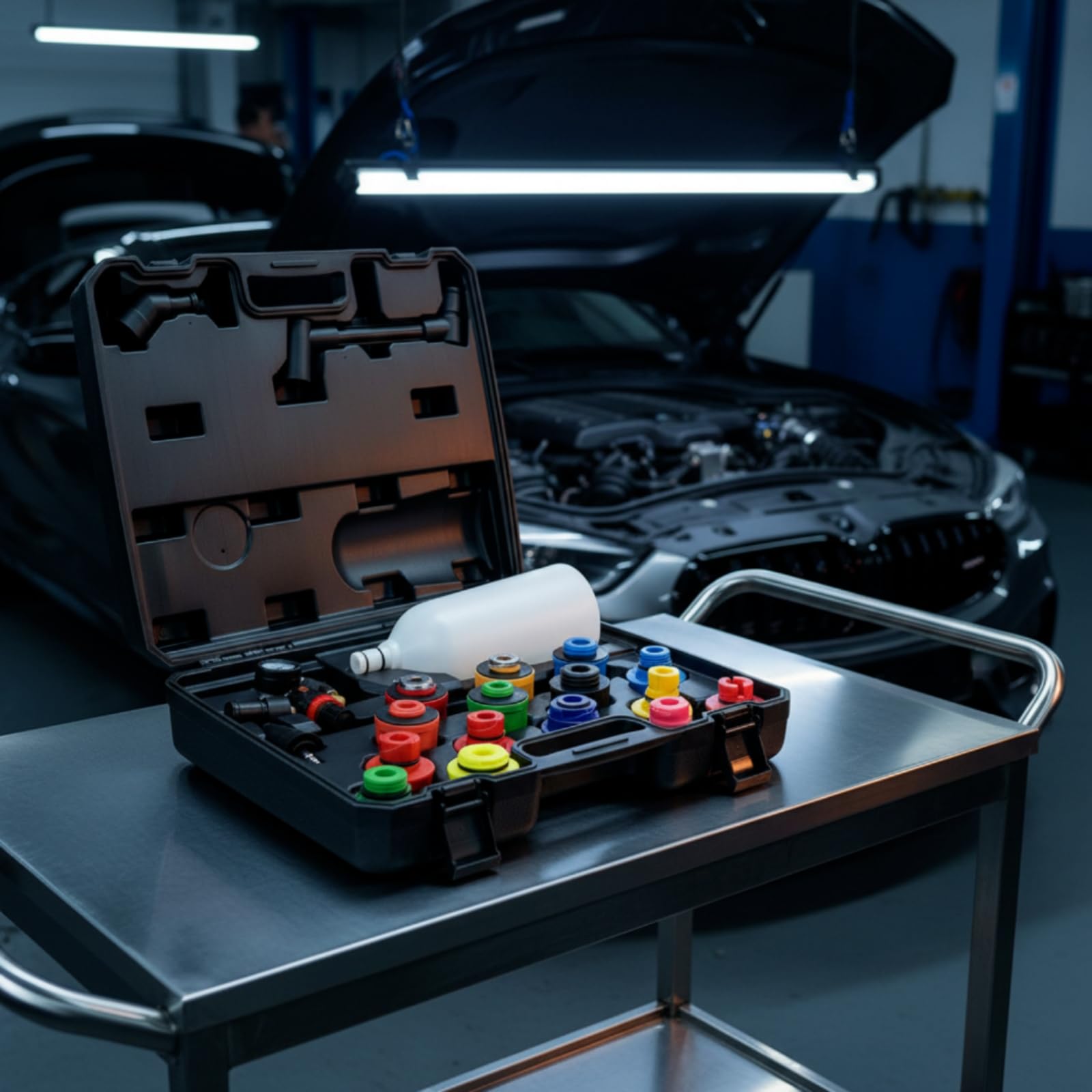20 Stück Einfülltrichter set Trichter Adapter Dichtungen Werkzeug Sichere Verschraubung Farbcodiert mit Tragebox für Fahrzeugpflege Motorwartung Heimwerkergarage