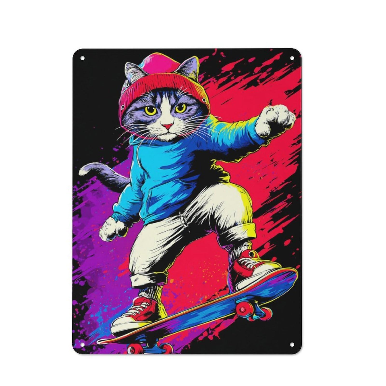 Junmoney Skateboarding Cat In Colorful Outfit Farmhouse Metal Sign 40X30cm, Rustic Cottage Wall Art For Cottage, Kitchen, Hallway Or Breakfast Nook