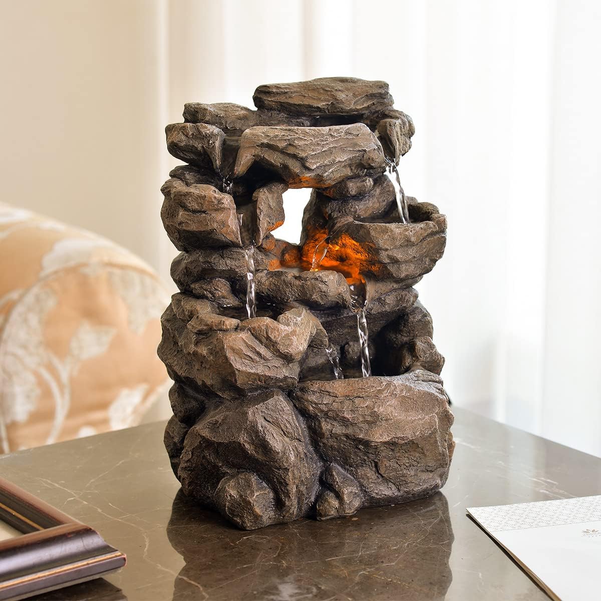 Cascading Tabletop Water Fountains with LED Light Indoor Rockery