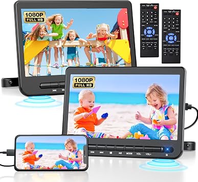 DESOBRY 10" Dual Screen Car DVD Player Plays Same or Different Movies | Headrest Mount for Travel & Home, Support USB/CD/DVD, Play Same or Different Movies, Last Memory
