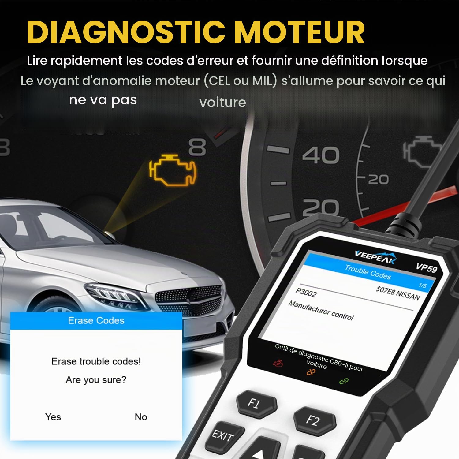 Veepeak OBD II Scanner Auto – EOBD Lecteur de Codes Défaut Moteur avec Réinitialisation pour Voitures Essence (2001+) et Diesel (2004+)