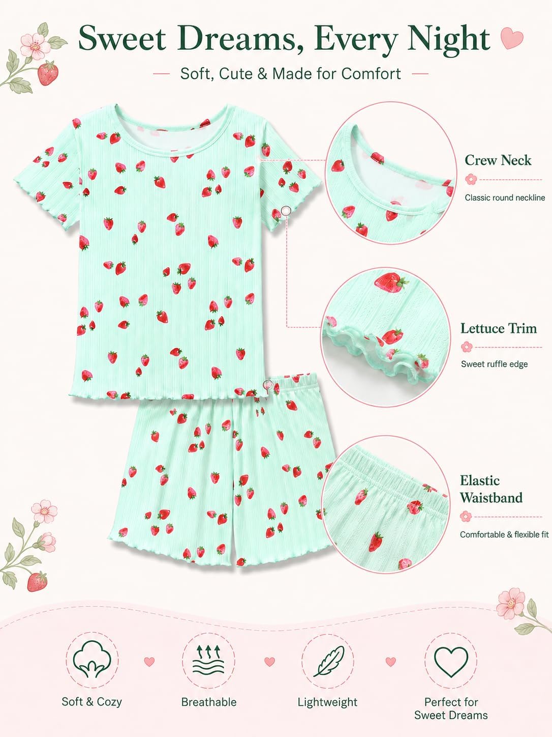 Tebbis Girls Pointelle Knit 2-Piece Short Sleeve Pajama Set Sizes 6-18 | soft breathable fabric, lightweight for summer nights, lettuce trim, all-over cute prints, slumber party, sleepovers, daily