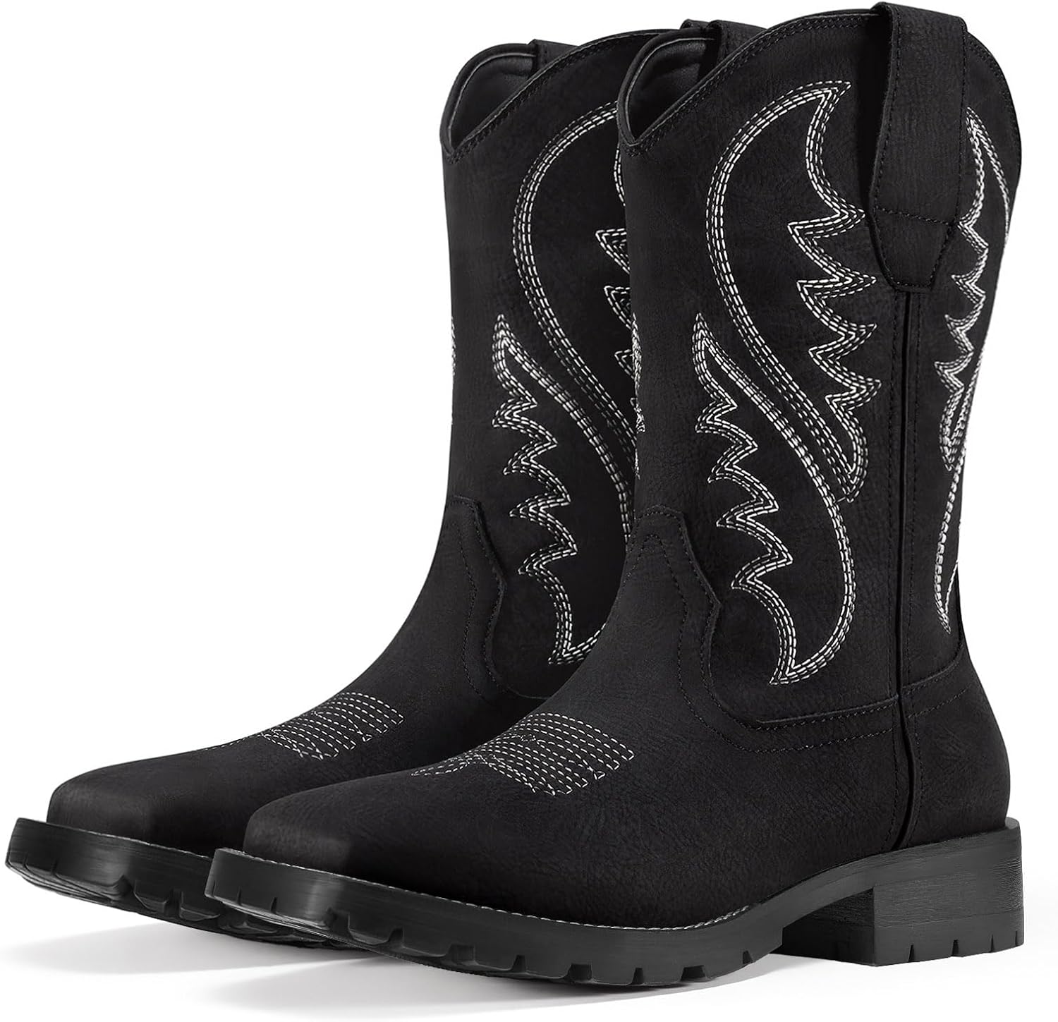 Rollda Cowboy Boots for Men Western Boots Men's Square Toe Chunky Heel Mid-Calf Boots Classic Embroidered Pull On Boots