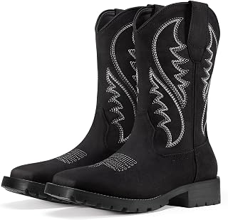 Rollda Men's Western Cowboy Boots Square Toe Chunky Heel Mid-Calf Boots | Western Embroidery, Synthetic Leather, Breathable Lining, Slip-Resistant Sole, Stable Heel, Pull-On, Easy Care, Versatile