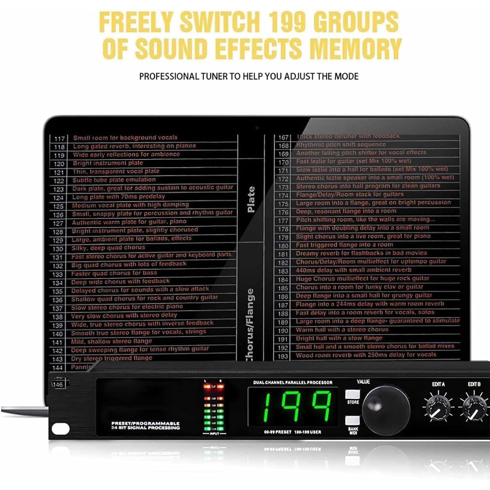 Procesador De Audio Profesional, Ecualizador Gráfico, Procesamiento De Señal Programable De 24 bits, 99 Programas Preestablecidos, Memoria para 199 Efectos De Sonido, Reverberación Digital