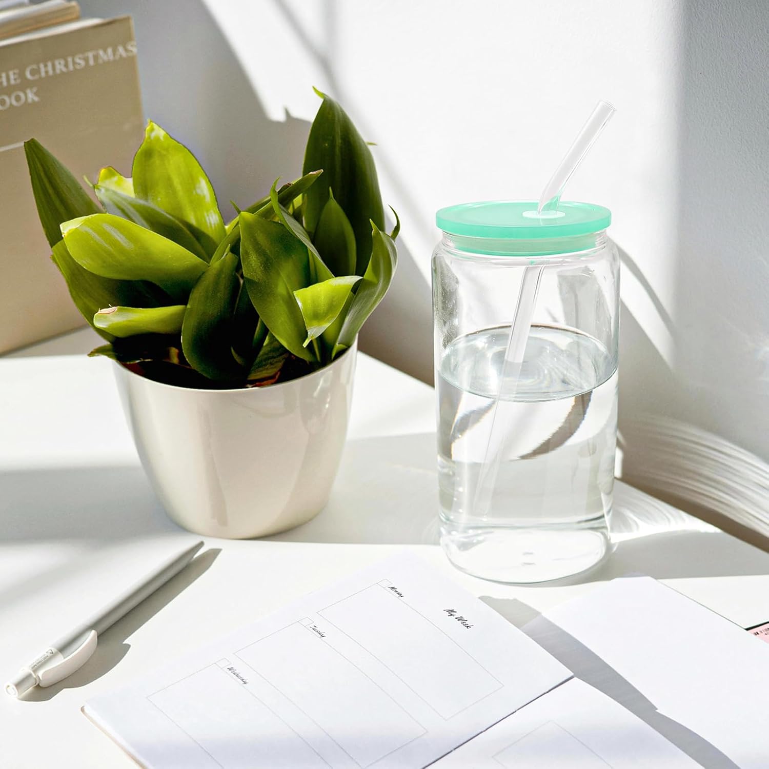 20 Pack Drinking Glass Cups with Acrylic Lids and Glass Straw Beer Can Shaped Drinking Glasses Cups, Glass Tumbler Reusable Cute Cups for Whiskey, Iced Coffee, Tea, Soda, Cocktail, Gift, Clear 16oz - Image 5