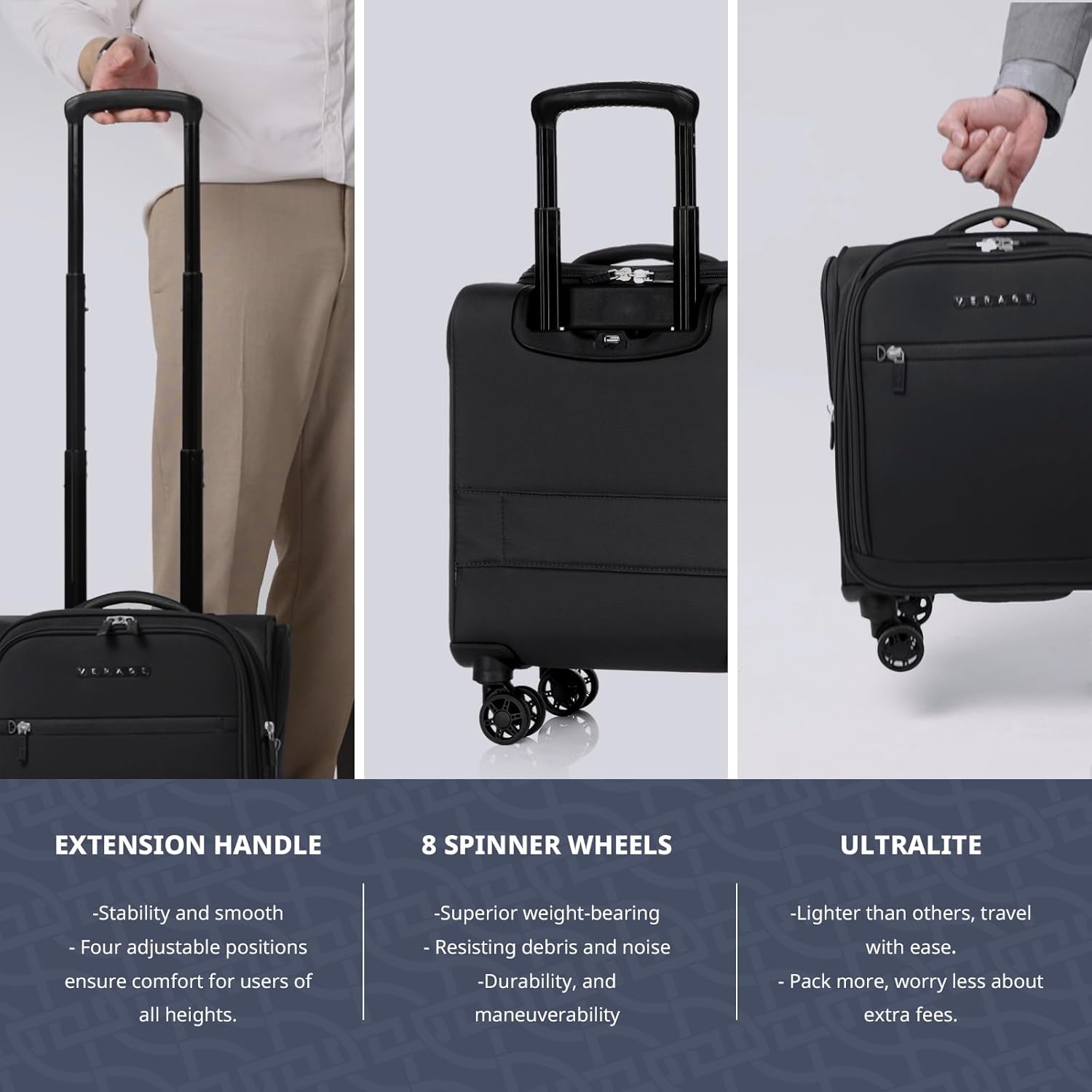Verage 14-Inch Underseat Carry On Luggage with Spinner Wheels & USB Charging Port, Wheeled Suitcase for Airlines, Lightweight Overnight Bag for Men and Women (14-Inch Compact Underseat Pro)