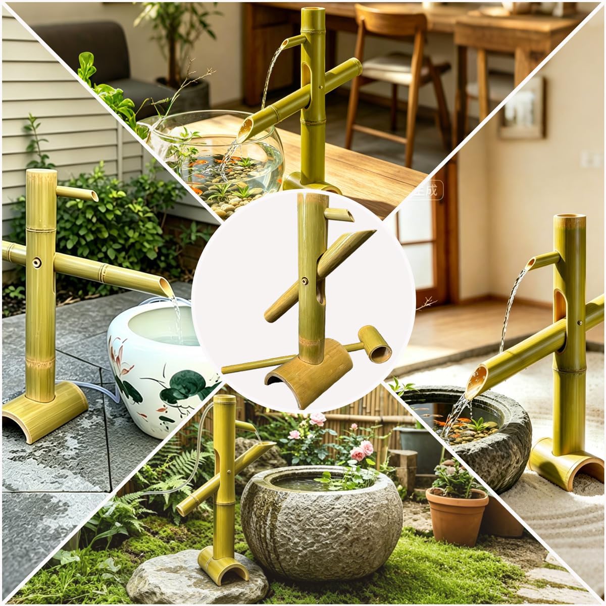 Bamboo Fountain Kit with Solar Powered，Rocking Fountains Kit，Natural Bamboo Water Feature for Zen Garden, Patio & Indoor Outdoor Backyard