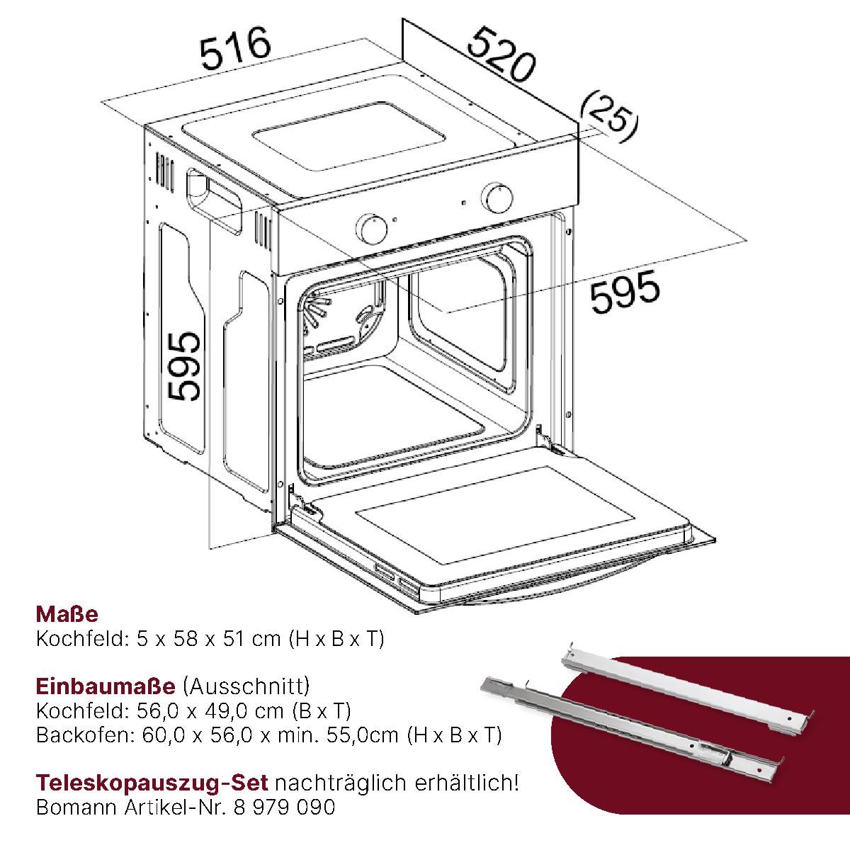 Bomann, Four avec plaque de cuisson à induction, Cuisinière encastrable avec 4 zones de cuisson et 9 fonctions de four, Capacité utile de 56 l, Thermostat réglable séparément, EHBC7937, Noir