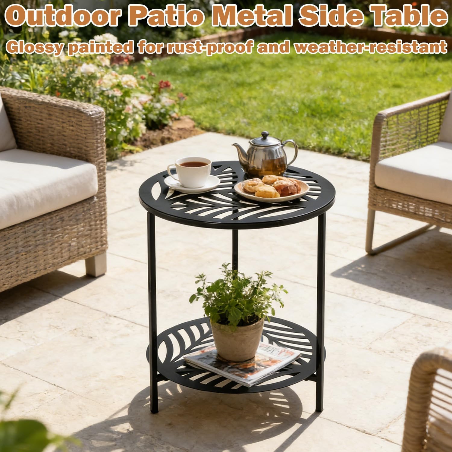 17.7" Two-tiered Metal Round Side Tables Extra-large Black Outside End Table for Patio Round Accent Garden Corner Stand for Small Spaces Weather-resistant Coffee Table for Balcony Porch Plant Stand