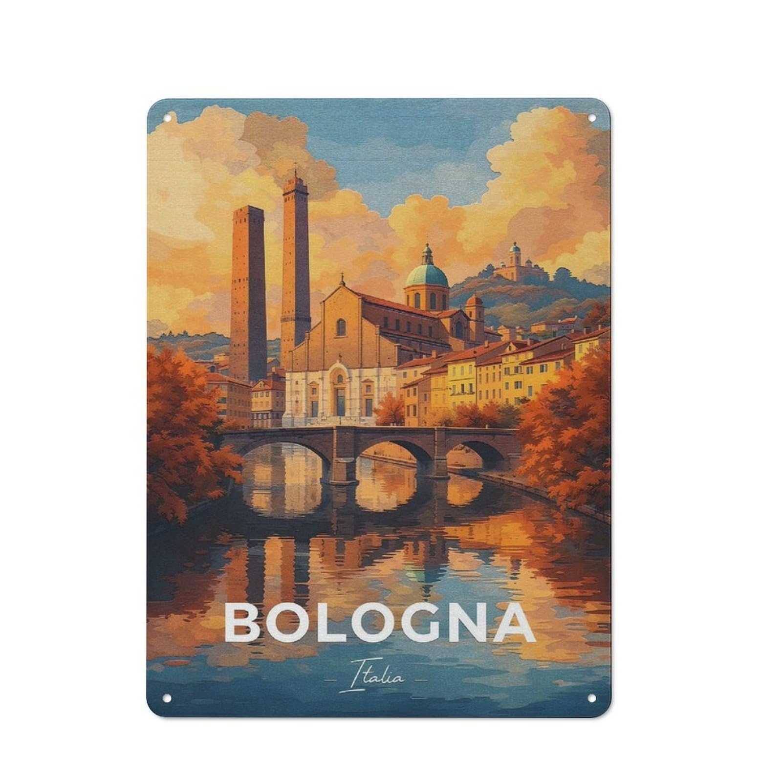 Junmoney Style-24 Metal Wall Sign 40X30cm Featuring Bologna Cityscape With Towers And River For Café Or Home Bar, For Collectors Decorating Cafés And Home Bars
