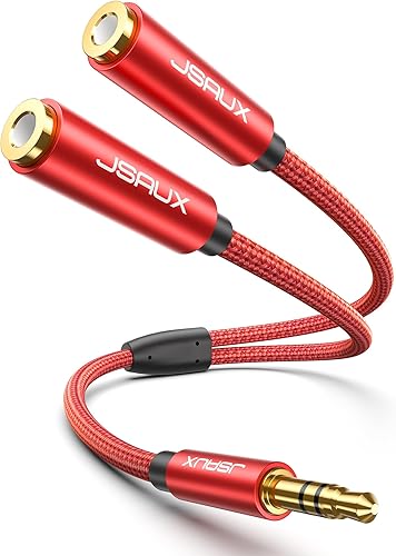 JSAUX Headphone Splitter 3.5mm, Audio Splitter 2 Female to 1 Male, Dual Headphone Adapter Compatible with PS4, PS5, Xbox, Nintendo Switch, PC Gaming Headsets, Phone, Tablet, Laptop and More-Red