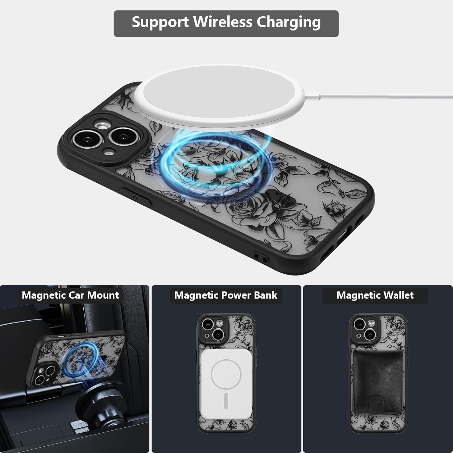 XIZYO Magnetic Case for iPhone 13, Branch Rose/Black image 4