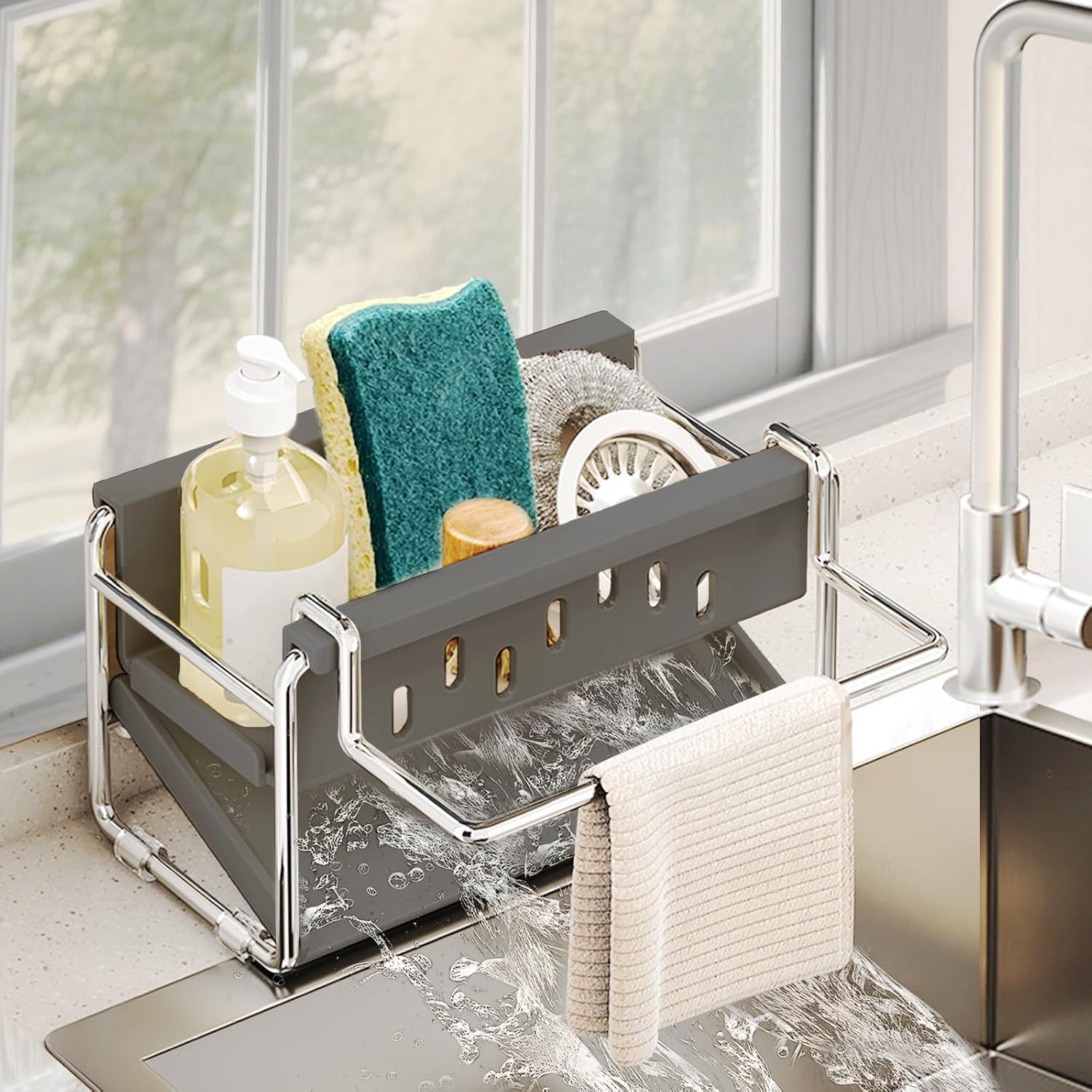 Daily Treasures Sponge Holder for Kitchen Sink, 45° Slope Auto-Draining Tray - Stainless Steel Sink Caddy with Detachable Towel Rack, Non-Slip Narrow Fit Soap Dispenser Organizer for Small Sinks(Grey)