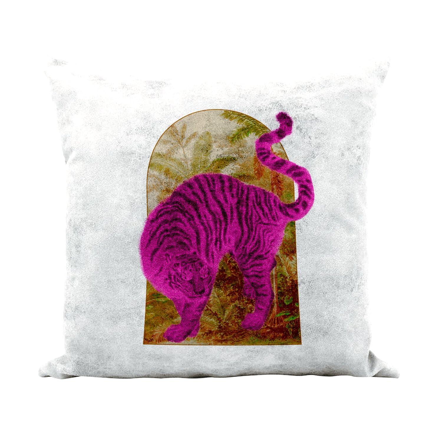 Coussin jungle vintage et tigre rose pour une ambiance salon cosy