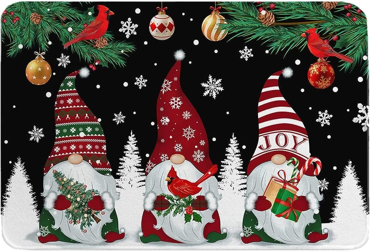 Ensound Housewarming New Home Gift Christmas Gnomes Tree Snowflake Balls Birds Black Doorway Area Rug Kitchen Balcony Patio Bedroom Door Mat 24X16 Inch Christmas Halloween