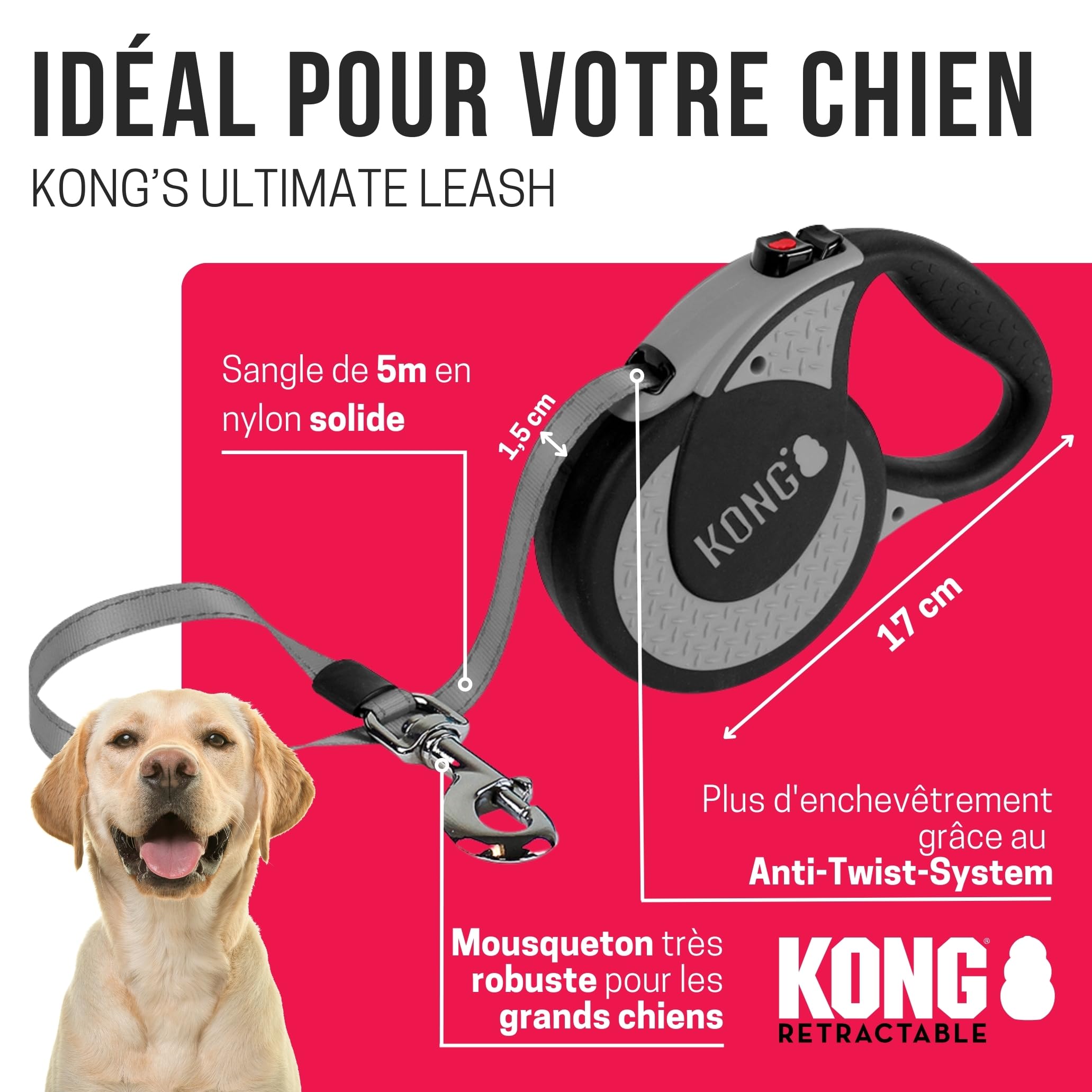 Kong Chiens Extensibles pour Chiens rétractile Kong Ultime Taille XL (5m / 70 kg)