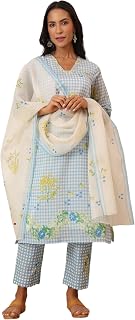 W for Woman Bold Floral Printed Sleeveless Chanderi Anarkali Kurta with Pants and Red Printed Dupatta Set