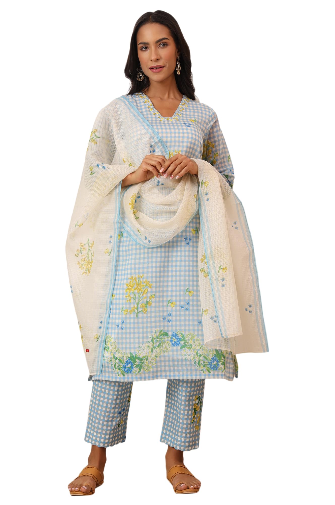 w for woman Bold Floral Printed Sleeveless Chanderi Anarkali Kurta with Pants and Red Printed Dupatta Set-picture-52